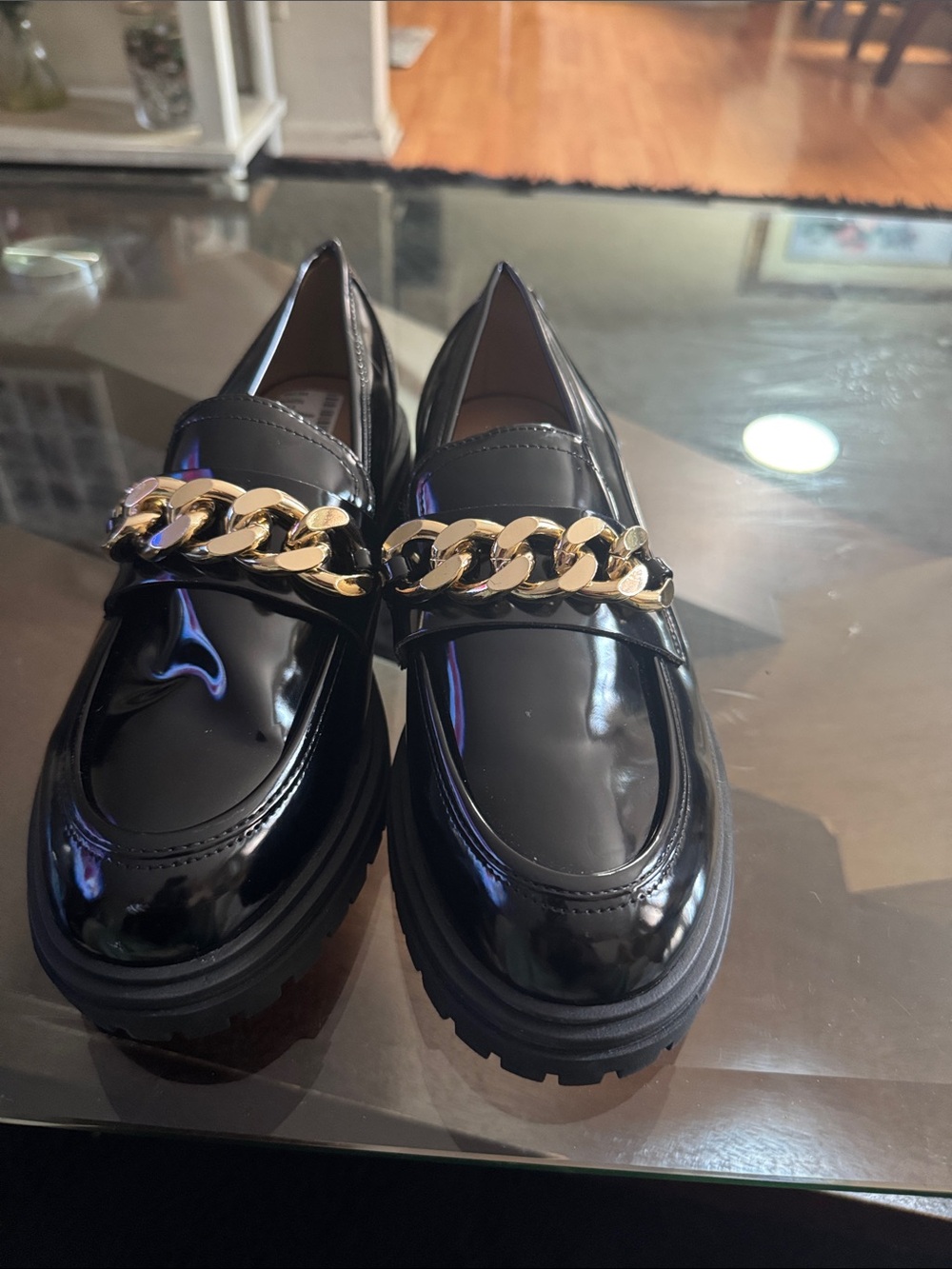 INC International Concepts Black Patent Loafers with Gold Chain